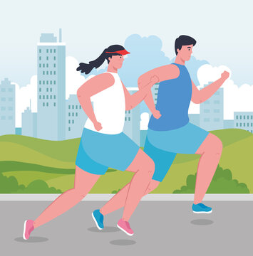 couple marathoners running sportive, woman and man run competition or marathon race poster, healthy lifestyle and sport vector illustration design