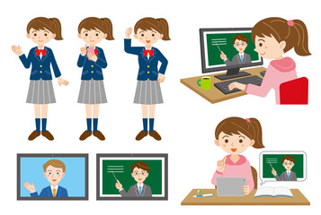 自宅でオンライン学習をする女子学生のイラストセット/白背景
