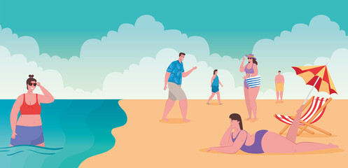 Fototapeta premium beach with people, group people on the beach, summer vacations and tourism concept vector illustration design