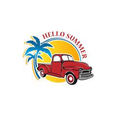 Hello summer,Vintage truck label design. Ocean vibes sign with old retro style surf truck. Hipster tee apparel template for t shirt prints, mugs, other brand identity. Isolated on white