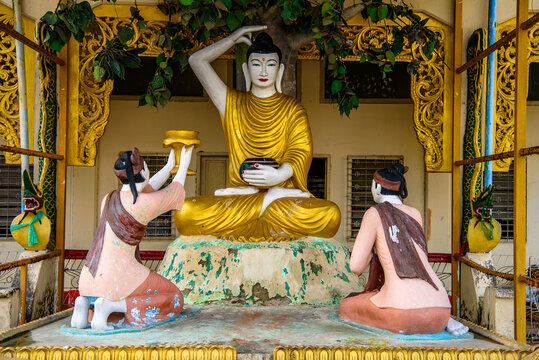 YANGON, MYANMAR - AUG 24, 2016: Buddha statue at the Botataung Pagoda (literally: 1000 military officers), a famous complex in  Yangon, Myanmar. It was completely destroyed during World War II