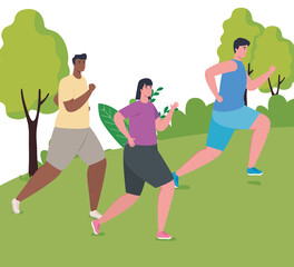 people marathoners running in the park, men and woman, run competition or marathon race poster, healthy lifestyle and sport vector illustration design