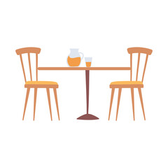 table with glass jar and cup with juice and chairs isolated design icon white background