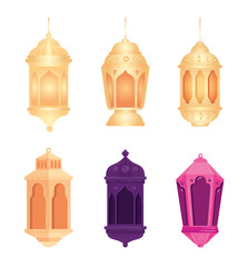 collection, eid al adha mubarak, colors lanterns decoration vector illustration design