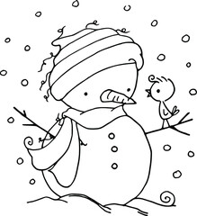 vector drawing snow man with bird