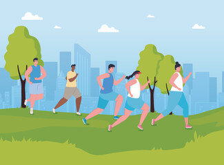 Obraz na płótnie Canvas young people marathoners running in the park, women and men, run competition or marathon race poster, healthy lifestyle and sport vector illustration design
