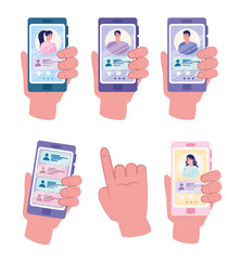online dating service application, hands holding smartphone with man and woman profiles, modern people looking for couple, social media, virtual relationship communication concept vector illustration