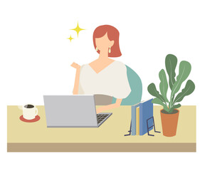 女性　デスクワーク　テレワーク　リモートワーク　ビジネス　自宅　ノートパソコン　ベクター　イラスト