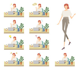 女性　デスクワーク　テレワーク　リモートワーク　ビジネス　自宅　ノートパソコン　ベクター　イラスト