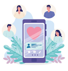online dating service application, smartphone with heart, modern people looking for couple, social media, virtual relationship communication concept vector illustration design