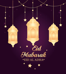 eid al adha mubarak, happy sacrifice feast, with lanterns and stars hanging decoration vector illustration design