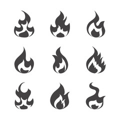 fire flame burning hot glow flat design icons set