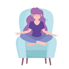 stay at home, girl in meditation yoga pose on chair, self isolation, activities in quarantine for coronavirus
