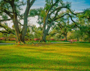 Azaleas and Mossy Oak trees fill a garden area in South Carolina.