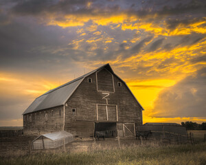 A cattle barn on the Great Plains with a setting sun