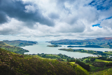 Christchurch New Zealand Landscape, Scenic View From Port Hills Overlooking Lyttelton Harbour In Canterbury, South Island NZ, Popular Travel Destination - obrazy, fototapety, plakaty
