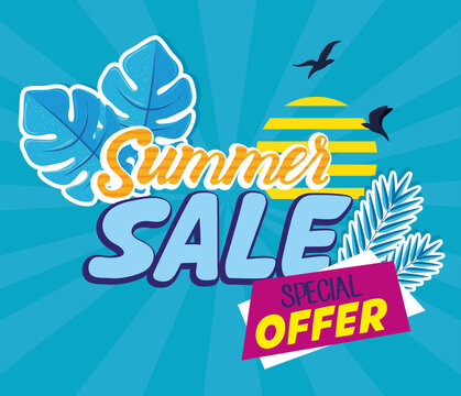summer sale banner, season discount poster with tropical leaves and birds flying, invitation for shopping with summer sale special offer, special offer card vector illustration design