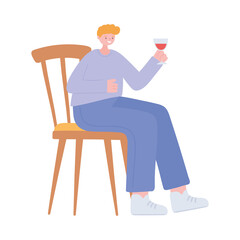 young man with wine cup sitting on chair isolated icon design