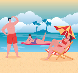 beach with people, man and women on the beach, summer vacations and tourism concept vector illustration design