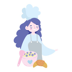 stay at home, female chef with bread fruit dessert cartoon, cooking quarantine activities