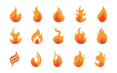 fire flame burning hot glow flat design icons set