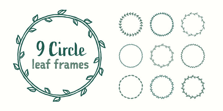 9 vector circle leaf frames in a minimal hand drawn style and earthy green colors