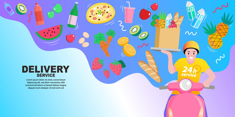 Man courier riding scooter with parcel box fast delivery. Night food delivery service by scooter with courier. mobile application tracking a delivery. city skyline in the night background.