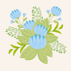 flowers blue color, branches with leaves, nature decoration vector illustration design