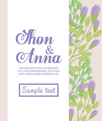 greeting card with flowers purple color, wedding invitation with flowers purple color with branches and leaves decoration vector illustration design