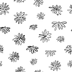 Obraz premium Brush flower vector seamless pattern. Hand drawn botanical ink illustration with floral motif. Camomile or daisy painted by brush. Hand drawn black print for fabric, wrapping paper, wallpaper design