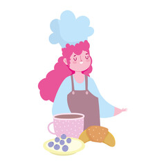 stay at home, female chef coffee cup croissant dessert cartoon, cooking quarantine activities