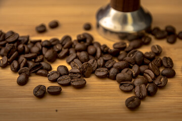 Various coffee beans on wooden table