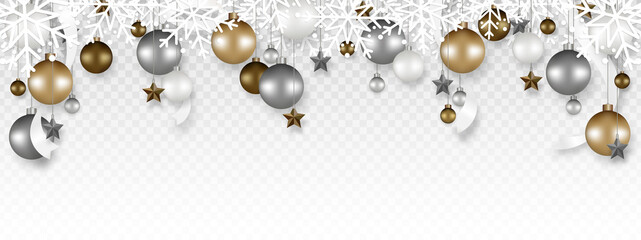 Christmas decoration border with White snowflake, Christmas ball, and Ribbon hanging on transparent background. Vector illustration.