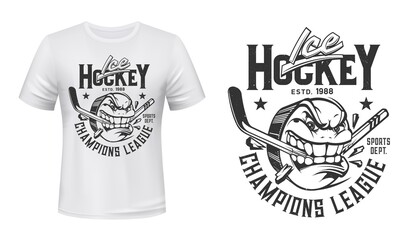Ice hockey puck and broken stick t-shirt print vector template. Puck mascot with angry face biting, breaking a stick with teeth, lettering illustration. Ice hockey club apparel custom design mockup