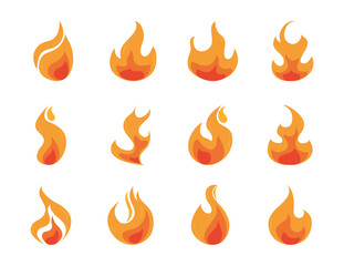 fire flame burning hot glow flat design icons set