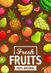 Natural ripe fruits. Vector grape and figs, pineapple and mango, peach and banana, pomegranate and pear. Cartoon watermelon and lime, kiwi and blackberry, lemon and orange fresh fruits and berries