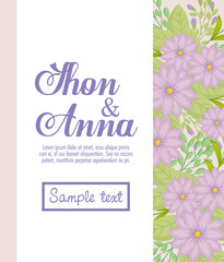 greeting card with flowers purple color, wedding invitation with flowers purple color with branches and leaves decoration vector illustration design