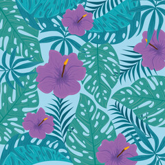 tropical background, flowers purple color and tropical plants, decoration with flowers and tropical leaves vector illustration design