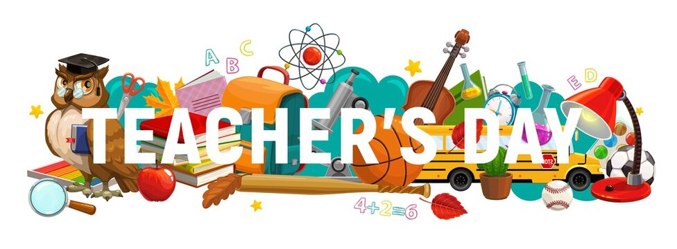 Teachers Day, knowledge and education holiday banner with school supplies. Student books, class chalkboard, pens and pencils, classroom blackboard, abc, glasses and pupil bag, microscope and bus