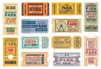 Tickets to amusement park, funfair carnival vector vintage admit coupons. Fun fair amusement park rides tickets to Ferris wheel and roller coaster, kids and family theme park carousel attractions - obrazy, fototapety, plakaty