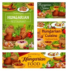 Hungary cuisine vector braised cabbage with pepper, cherry soup and sweet cookies with dried fruits. Soup in bread, sausages with chilli sauce and salad with egg, vegetable stew, Hungarian food dishes