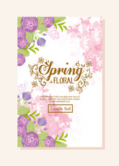 spring floral text, spring wording with flowers purple color, romantic greeting card vector illustration design