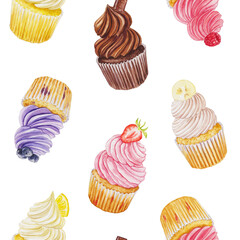 Watercolor seamless pattern with berry cupcakes