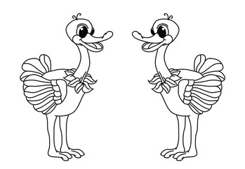 Coloring page, funny ostrich,  black and white vector cartoon illustration, coloring book