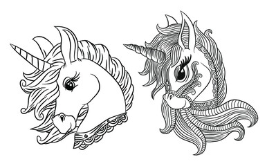 Coloring page of unicorn. Colorless and color samples for adult antistress coloring book cover.