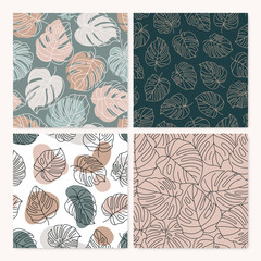 Set of Tropical Monstera Leaves Seamless Pattern. Vector floral background in a trendy minimalistic linear style © Sini4ka