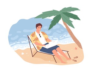 Fototapeta premium Joyful freelancer male working remotely on beach use laptop vector flat illustration. Smiling man on chaise-longue chatting or surfing internet isolated. Cheerful modern guy relaxing enjoy vacation