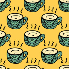 Seamless vector illustration of pastel tribal style Motif art coffee cups on yellow background for making many kinds of printing or textile graphic related Aboriginal, Maya, Inca, African trendy style