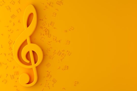 Music treble clef symbol with musical notes flat lay top view from above on yellow background with copy space