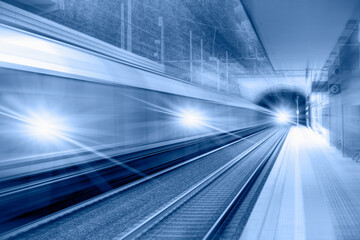 Fototapeta na wymiar High speed train runs on rail tracks . Train in motion.